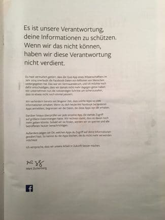 Facebook-Chef Mark Zuckerberg hat eine große Entschuldigungs-Kampagne gestartet – mit ganzseitigen Anzeigen in großen deutschen Tageszeitungen, wie dem Handelsblatt, der Süddeutschen Zeitung und der Frankfurter Allgemeinen Zeitung.