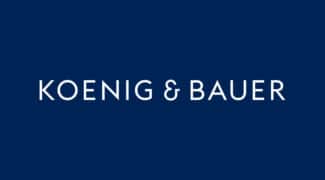 Das neue Logo von Koenig & Bauer auf blauem Hintergrund.