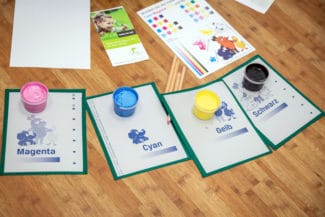 Das Druckprinzip erklärt mit Kartoffel, Fingerfarbe, Maus, Elefant und Ente.