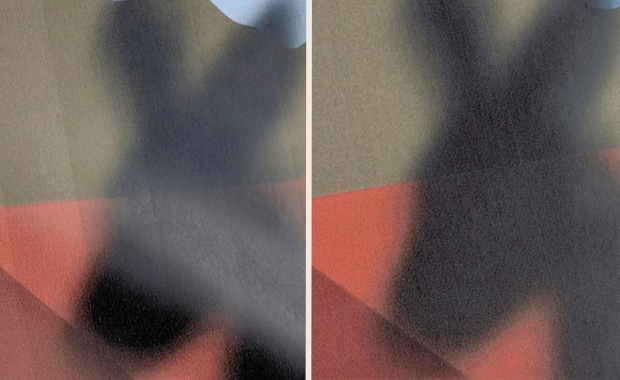 Streifenbildung bei sensiblen Jobs im Inkjet-Großformatdruck : vorher (links), mit »Print Flat« (rechts).
