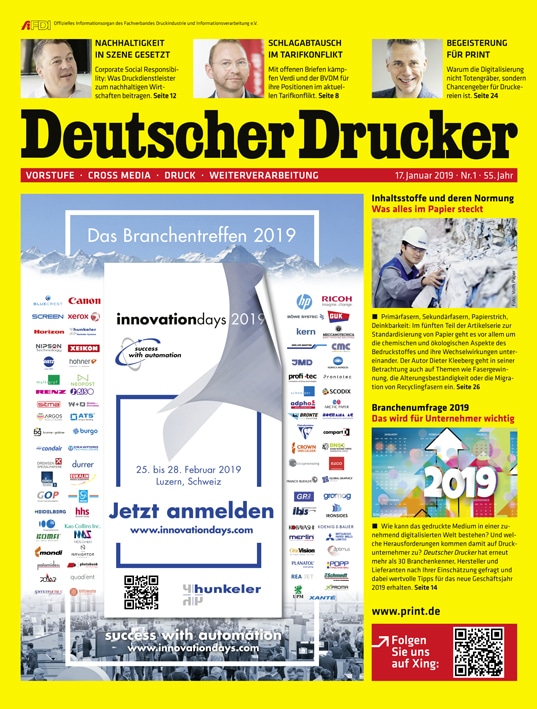 Deutscher Drucker 2/2019 startet mit der großen Branchenumfrage und jeder Menge wertvoller Tipps von Branchenexperten in das neue Jahr.