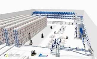 eues 3D-Logistikzentrum bei Dataform mit Kommissionierbahnhöfen im dreigeschossigen Fachbodenlager, 34 Arbeitsplätze, Auftragszusammenführungspuffer und Palettenlager.
