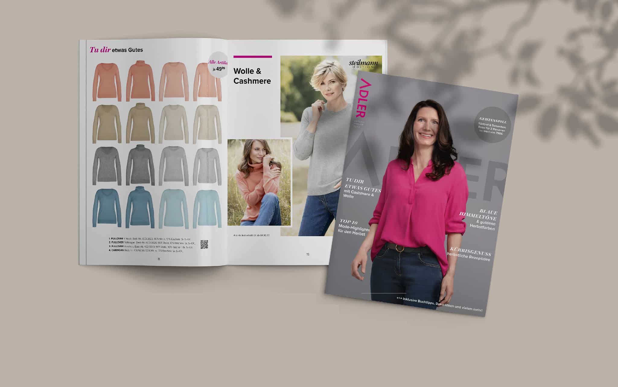 Der 64-Seiten-Katalog enthält neben Modefotos und Produktinformationen auch ein Gewinnspiel und viele Gutscheine sowie Angebote von Adler Reisen.