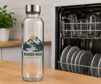 Industrieller Dekordruck: Für Dekorations- und Funktionsdruckanwendungen wie diese spülmaschinenfest bedruckte Glas-Getränkeflasche wurde die neue UV-Harttinte EUV-H von Roland DG entwickelt