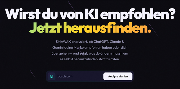 Mit dem AI Quick Check bietet die Smawax GmbH einen kostenlosen Schnelltest für die Sichtbarkeit von Unternehmen in KI-Antworten